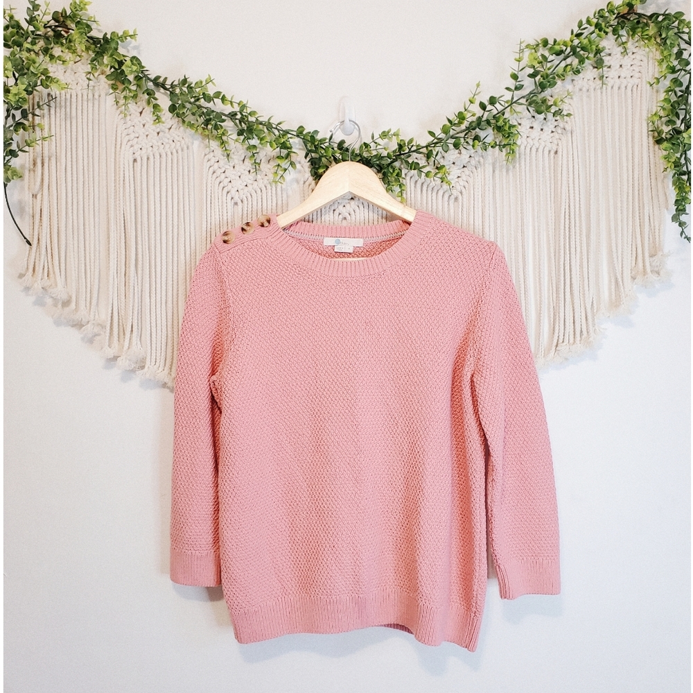 BODEN Lois Pink Knit Button Shoulder 3/4 Sleeve Crewneck Sweater sz M